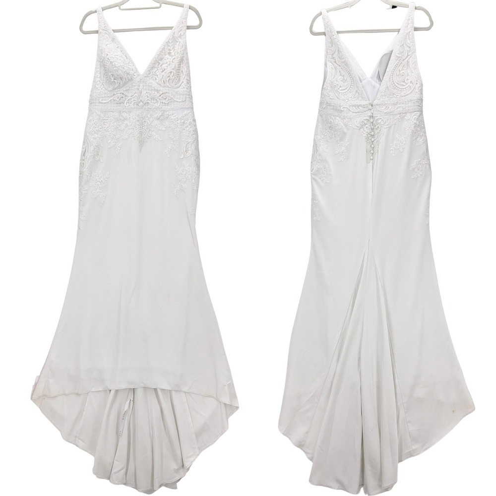 Azazie White Lace V-Neck Mermaid Wedding Dress Custom Bridal Gown Train